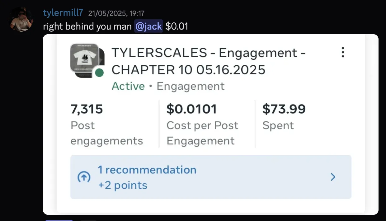 tylermill — $0.01 cost per post engagement, 7,315 engagements