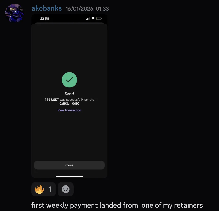 akobanks — first weekly retainer payment, 759 USDT