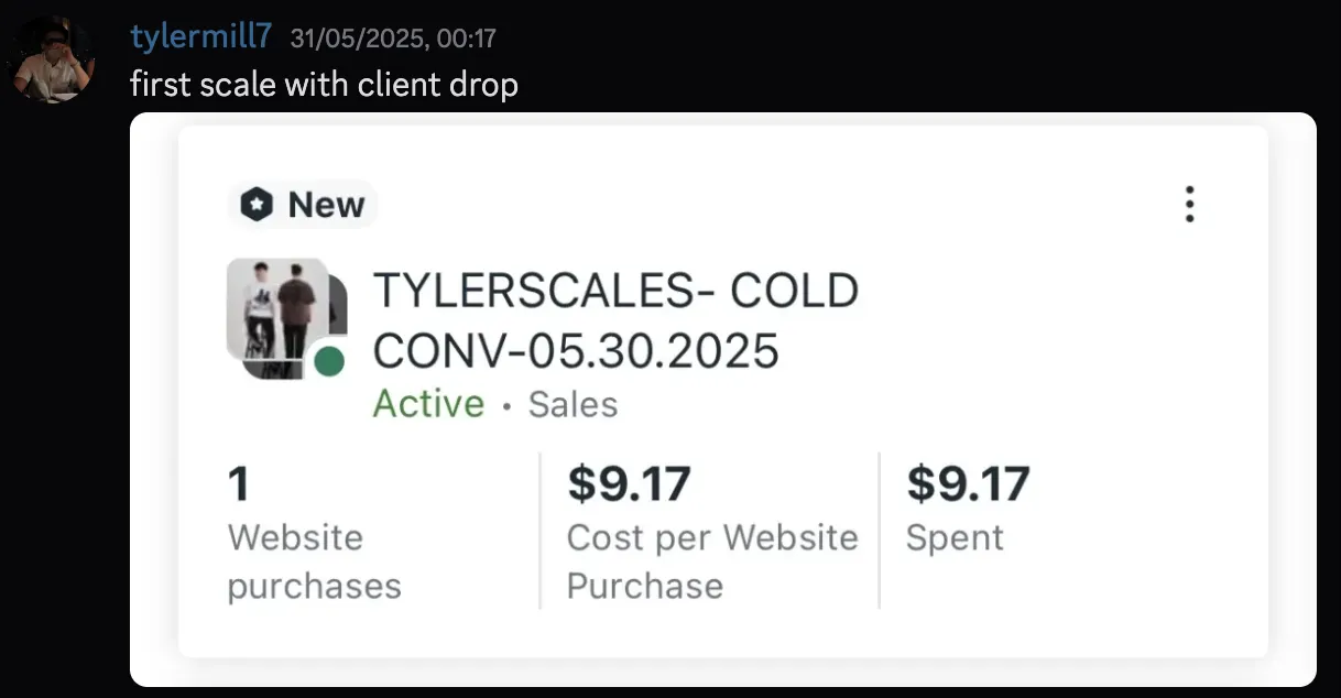 tylermill — first scale with client drop, $9.17 cost per purchase