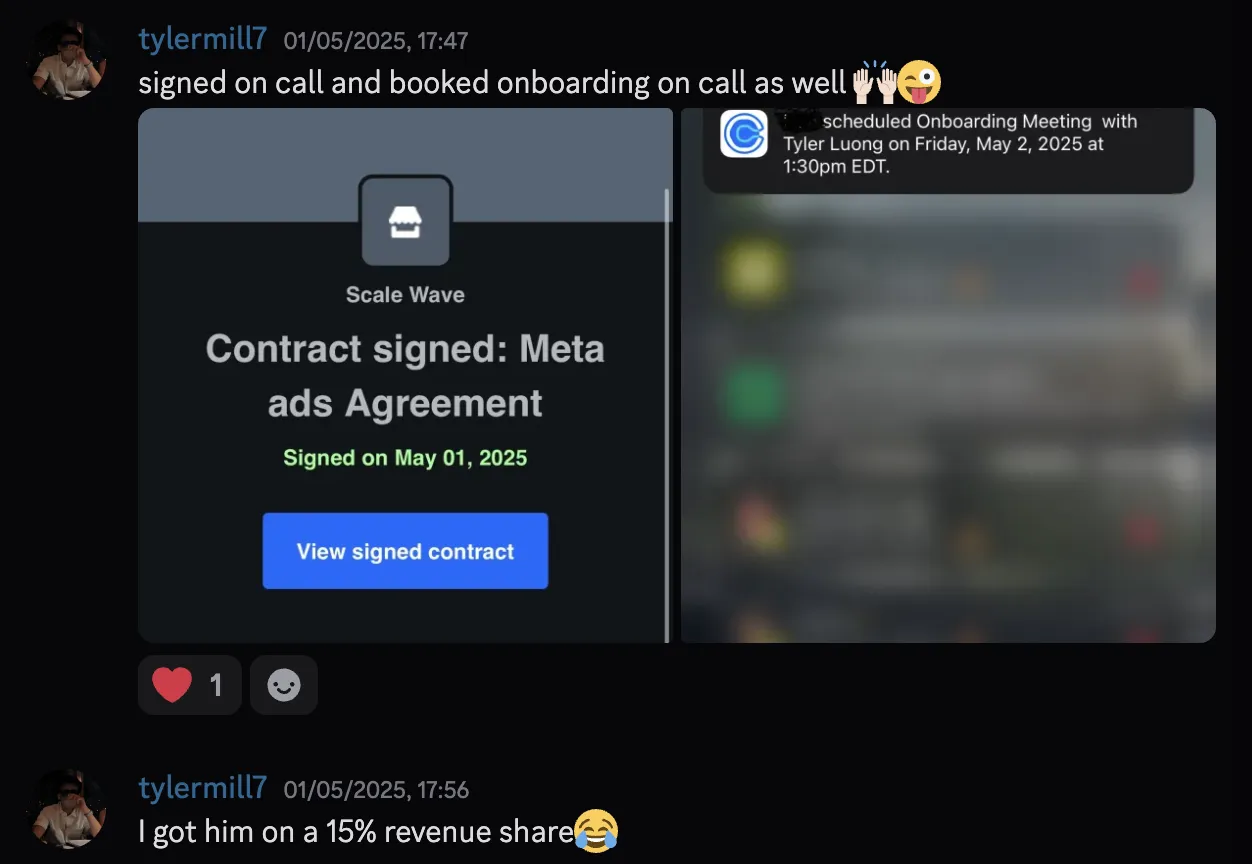 tylermill — Scale Wave Meta ads contract signed, 15% rev share