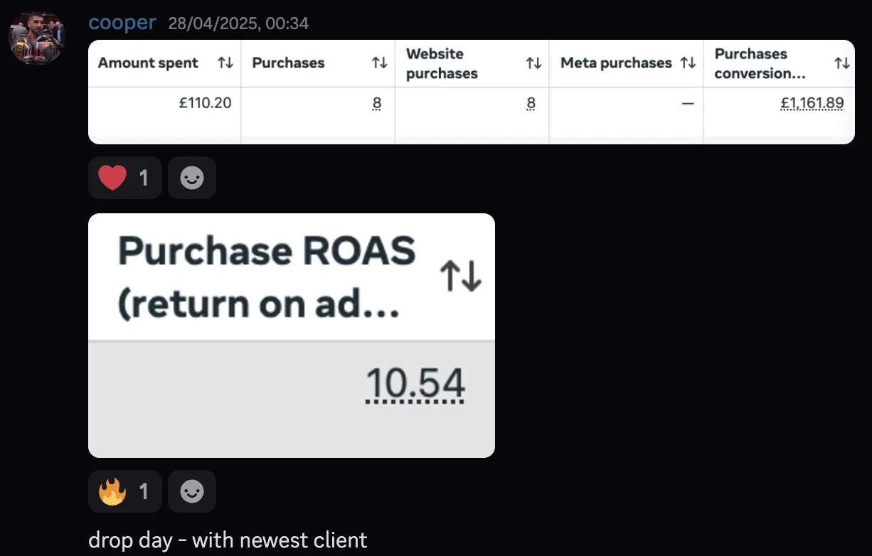 cooper — drop day with newest client, 10.54 ROAS