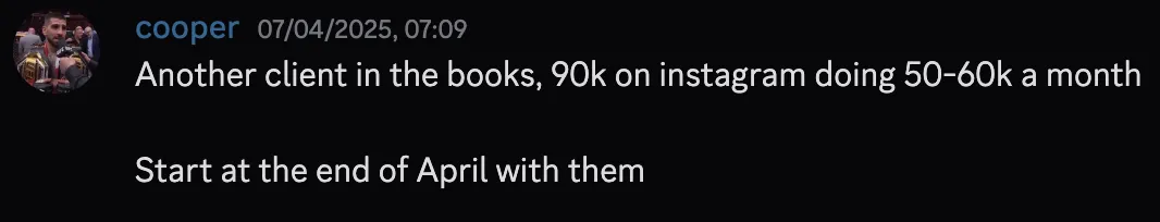 cooper — signed client with 90k Instagram doing 50-60k a month