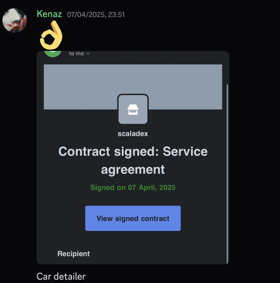 Kenaz — scaladex service agreement signed, car detailer client
