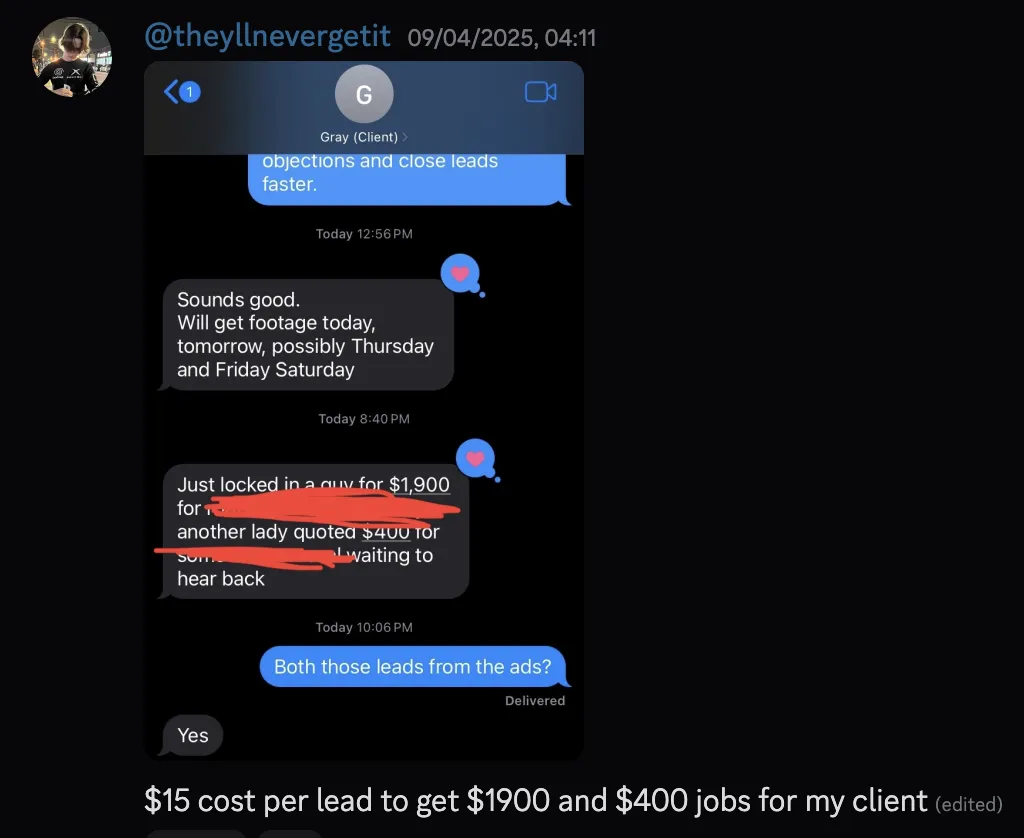 @theyllnevergetit — $15 cost per lead generated $1,900 and $400 jobs for client