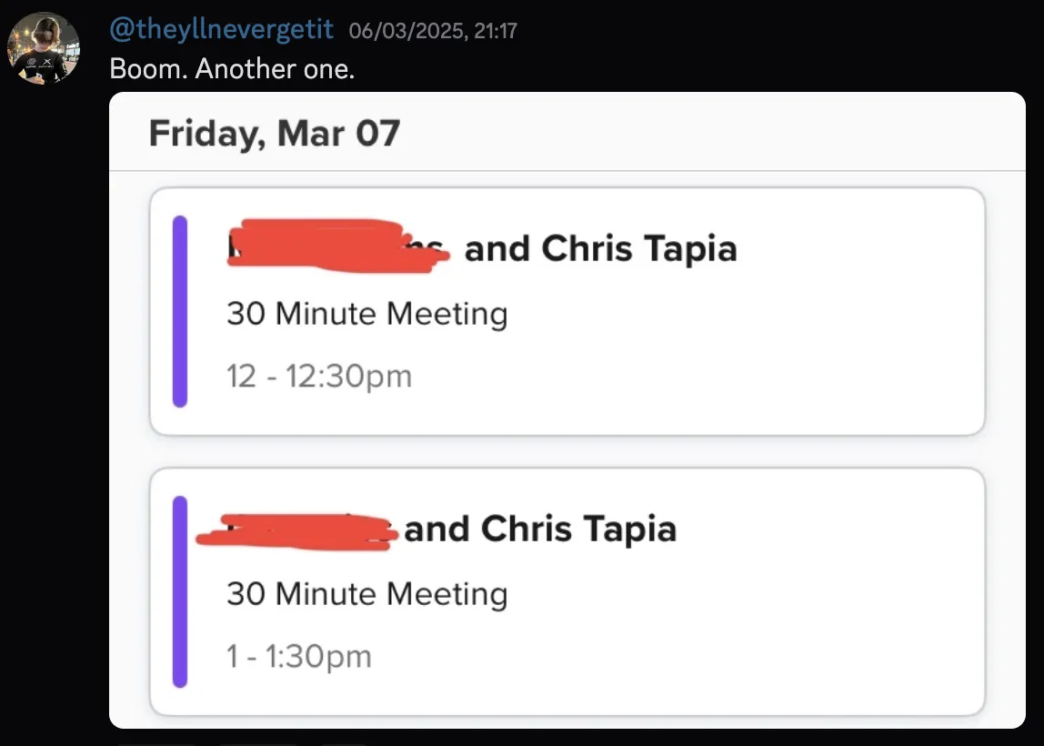 @theyllnevergetit — two 30-min meetings booked for the same day