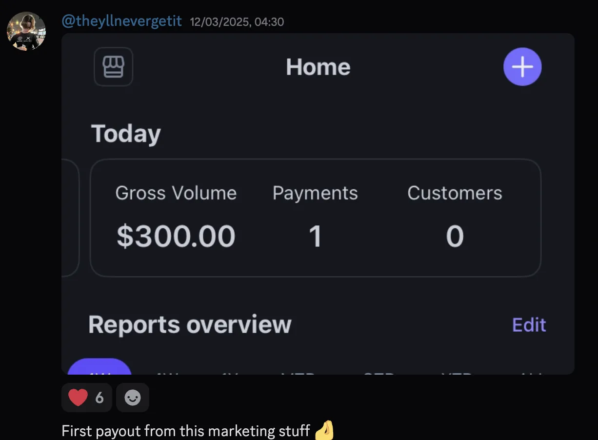 @theyllnevergetit — $300 gross volume today, first payment