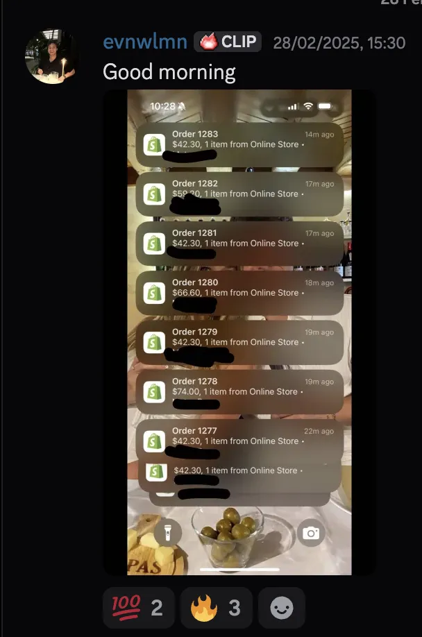 evnwlmn — Shopify orders flooding in within minutes, good morning