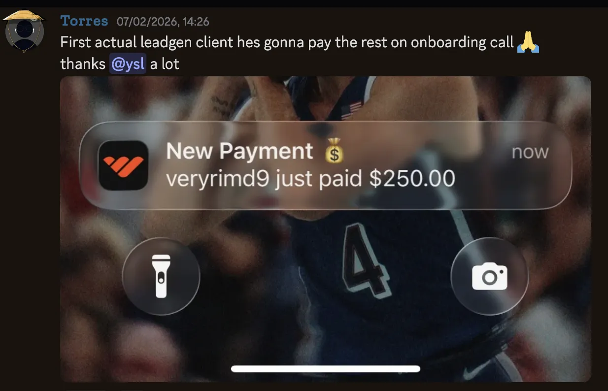 Torres — first leadgen client, $250 paid