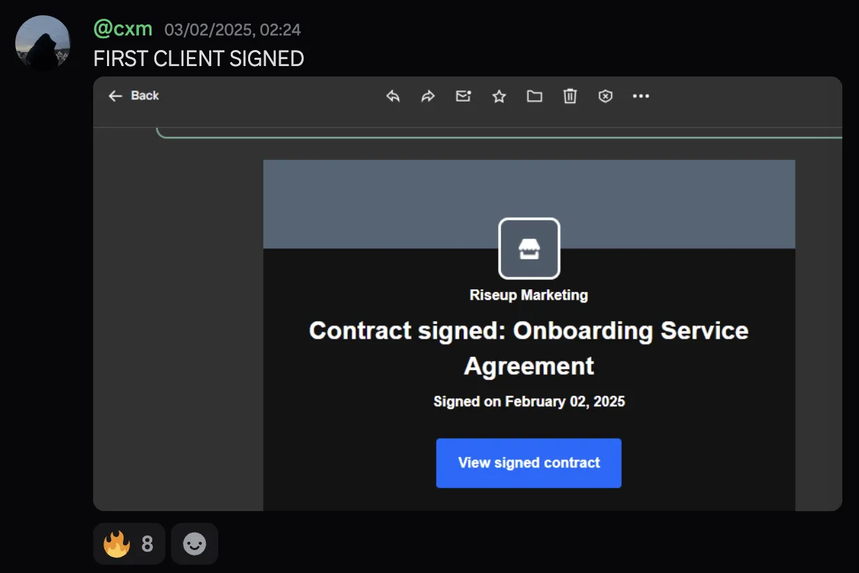 @cxm — FIRST CLIENT SIGNED, Riseup Marketing onboarding agreement
