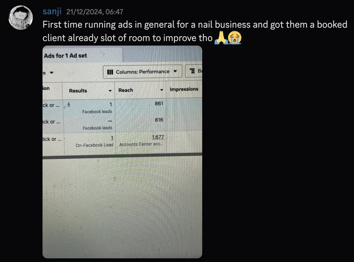sanji — first time running ads for a nail business, got booked client