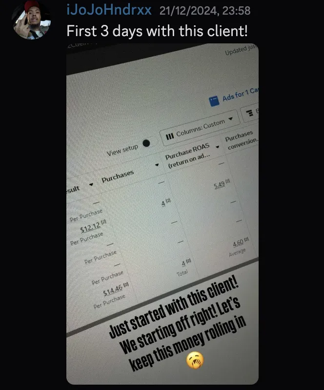 iJoJoHndrxx — first 3 days with client, 5.49 ROAS, money rolling in