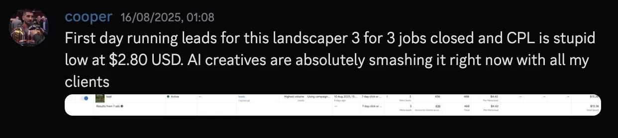 cooper — landscaper client, 3 for 3 jobs closed, $2.80 CPL