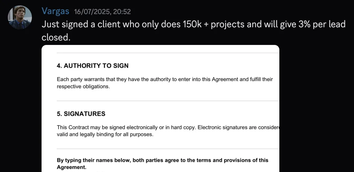Vargas — signed client doing 150k+ projects, 3% per lead closed