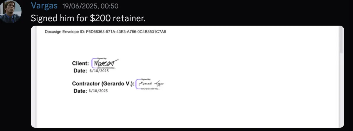 Vargas — signed client for $200 retainer
