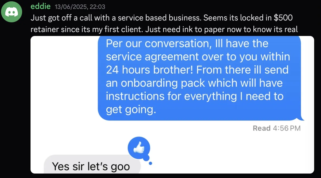 eddie — $500 retainer locked in, first client service agreement